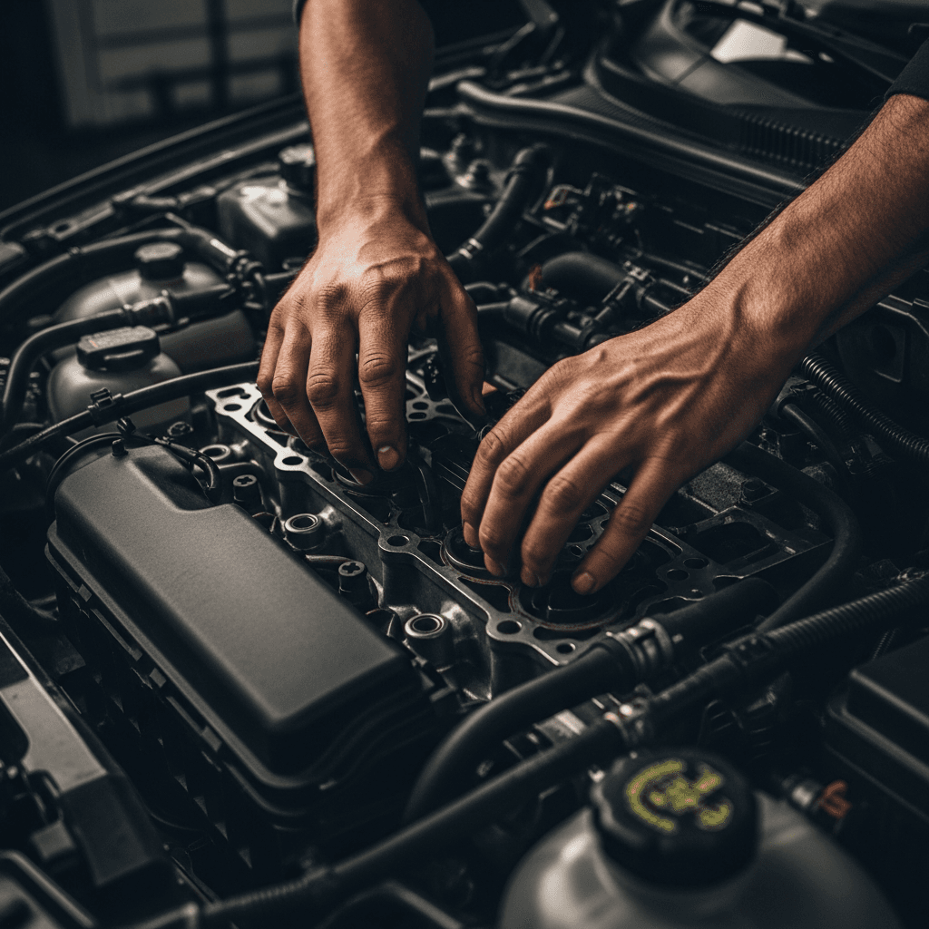 Mechanic hands working on a car engine — precision under the hood