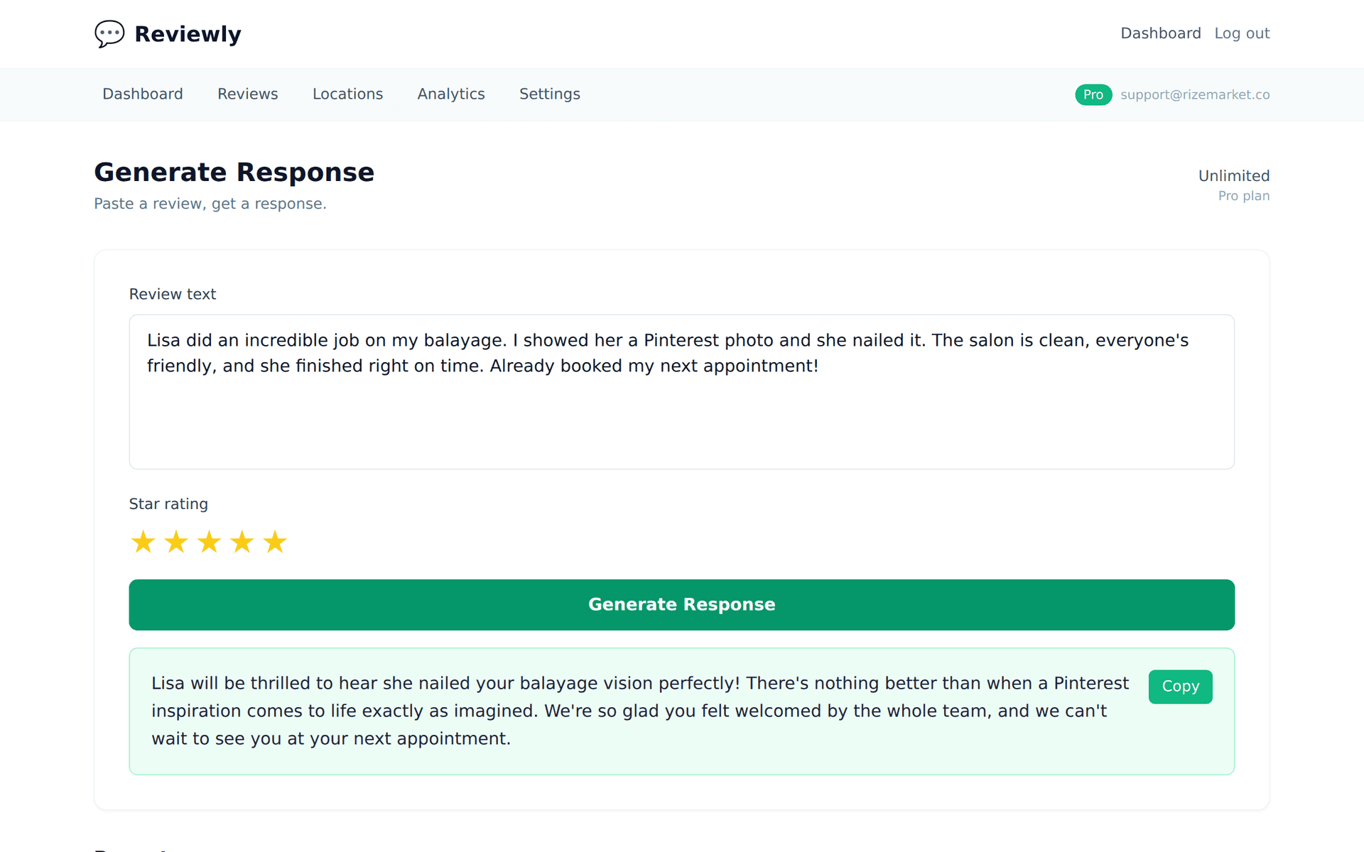 Positive review response examples dashboard