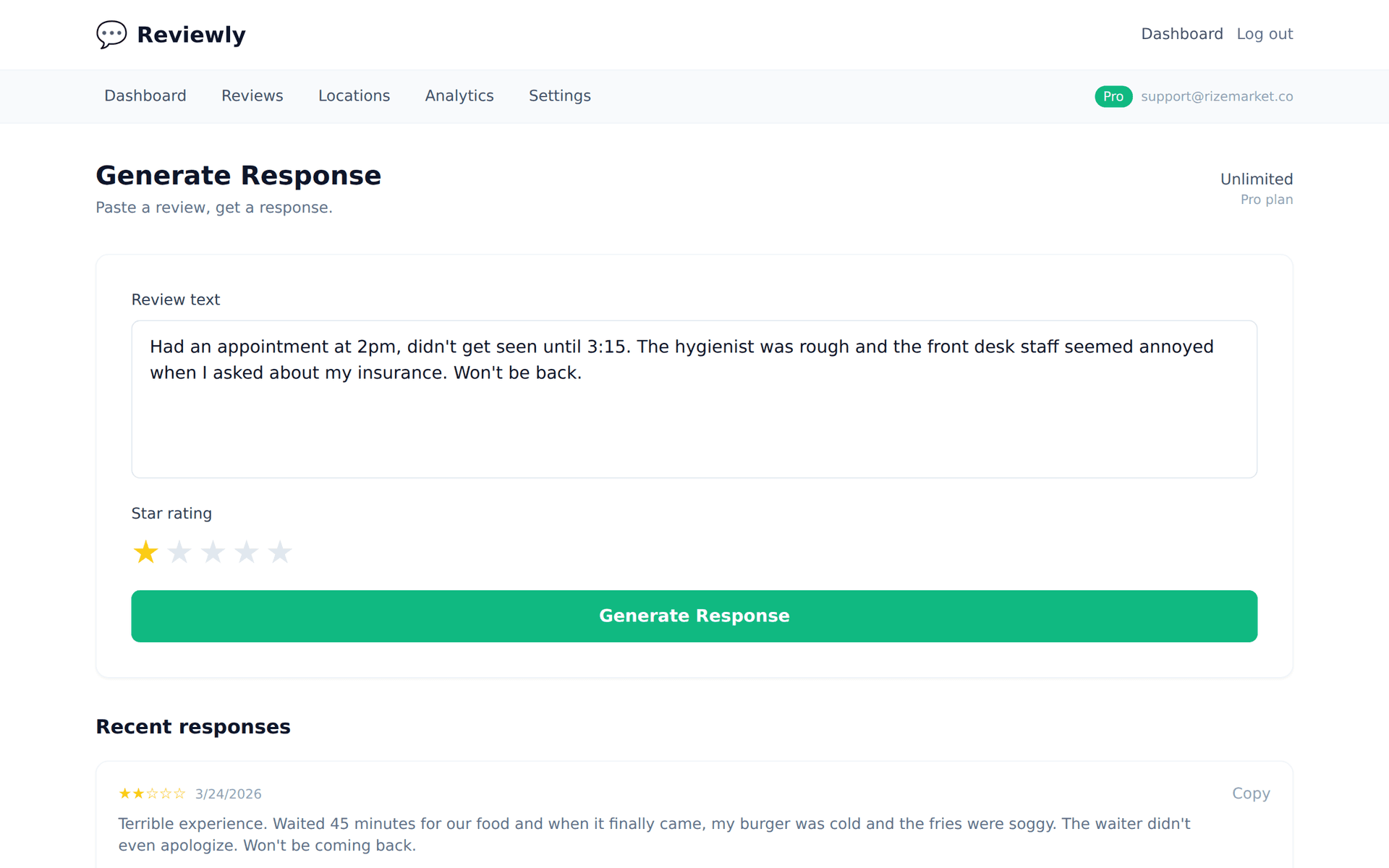 AI Google review reply generator interface